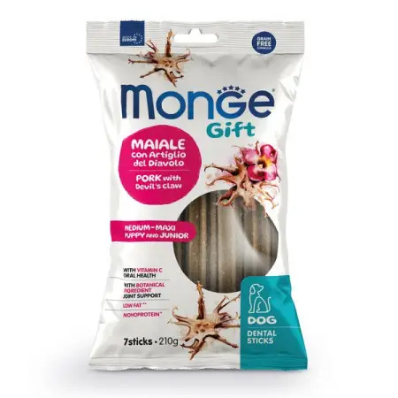 Ласощі для цуценят Monge Gift Dog Puppy and Junior Medium & Maxi свинина з коренем кігтя диявола 210 г