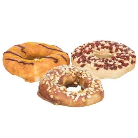 Ласощі для собак Trixie Donuts, Ласощі Trixie для собак “Donuts” Набір: качка/гарбуз/банан; тріска/полуниця/яблуко; курка натуральна шкіра d10 см, 300 г (TX-31335)