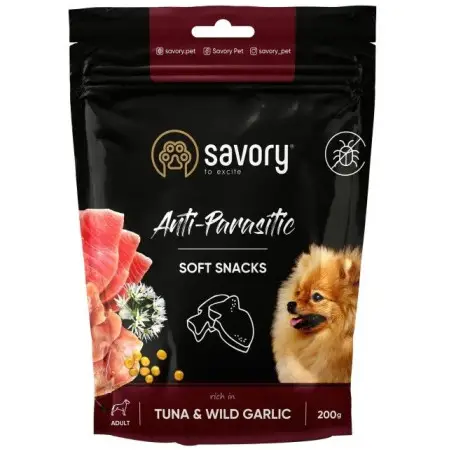М'які ласощі Savory з антипаразитарним ефектом для собак, тунець та дикий часник, 200 г