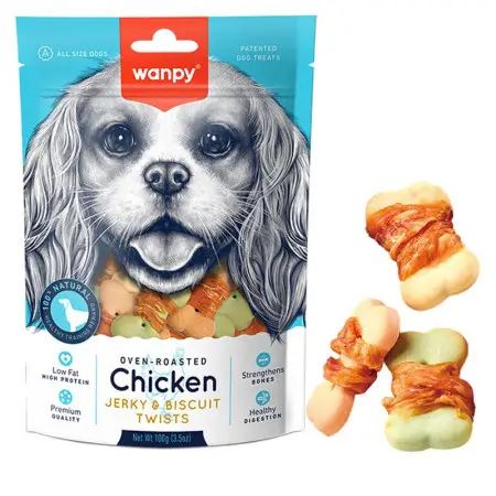 Wanpy Chicken Jerky & Biscuit Twists ВАНПІ БІСКВІТ З В’ЯЛЕНОЮ КУРКОЮ печиво, ласощі для собак , 0.1 кг.