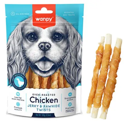 Wanpy Chicken Jerky & Rawhide Twists ВАНПІ ПАЛИЧКА З В’ЯЛЕНОЮ КУРКОЮ ласощі для собак , 0.1 кг.