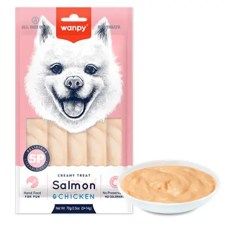 Wanpy Creamy Lickable Treat Salmon&Chicken ВАНПІ ЛОСОСЬ КУРКА рідкі ласощі для собак , 0.07 кг., в пакунку 5 стіків по 14 г