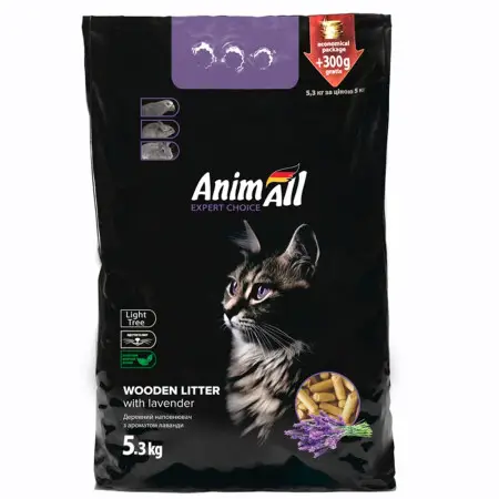 Деревний наповнювач AnimAll (Анімалл) з ароматом лаванди для котів, 5 кг + 300 г у подарунок