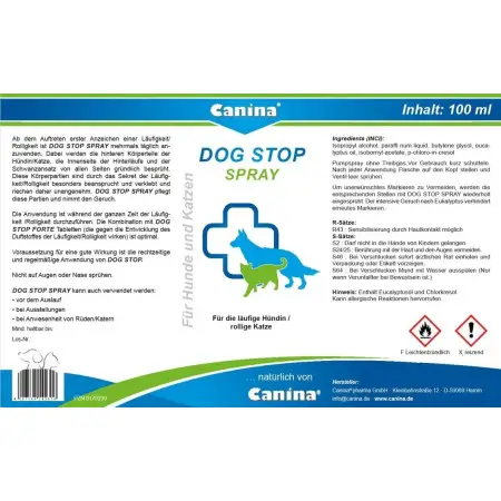 Гігієнічний засіб Canina Dog Stop Spray для собак і котів для заспокоєння спрей при тічці сук 100 мл
