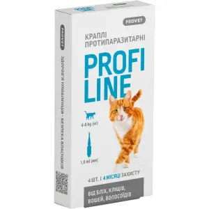 Краплі на холку Profiline від зовнішніх паразитів, для котів вагою 4-8 кг, 4 піпетки по 1,0 мл