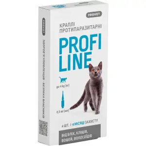 Краплі на холку Profiline від зовнішніх паразитів, для котів вагою до 4 кг, 4 піпетки по 0.5 мл