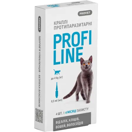 Краплі на холку Profiline від зовнішніх паразитів, для котів вагою до 4 кг, 4 піпетки по 0.5 мл