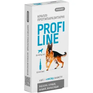 Краплі на холку для собак Profiline від зовнішніх паразитів, від 20 до 40 кг, 4 піпетки по 3 мл