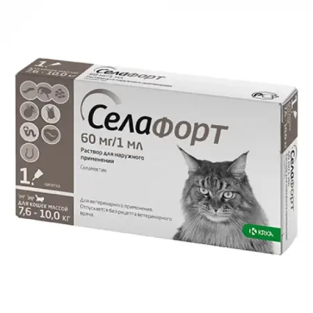 Капли на холку Селафорт 60 мг/1 мл против наружных и внутренних паразитов для кошек весом 7.6-10 кг, 1 пипетка