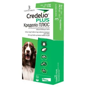 Таблетки Кределіо Плюс (Credelio Plus) проти бліх, кліщів та гельмінтів для собак вагою 11-22 кг 3 табл
