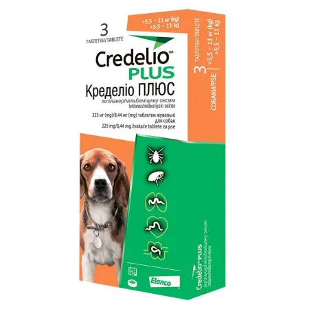 Таблетки Кределіо Плюс (Credelio Plus) проти бліх, кліщів та гельмінтів для собак вагою 5,5 - 11 кг 3 табл