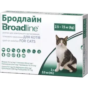 Краплі на холку Бродлайн від бліх і кліщів для котів вагою 2.5-7.5 кг 3 піпетки