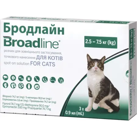 Краплі на холку Бродлайн від бліх і кліщів для котів вагою 2.5-7.5 кг 3 піпетки