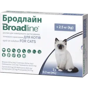 Краплі на холку Бродлайн від бліх і кліщів для котів вагою до 2.5 кг 3 піпетки